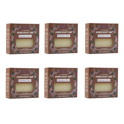 Six boxes of Plantlife Aromatherapy Soap with Rosemary Mint scent on a white background