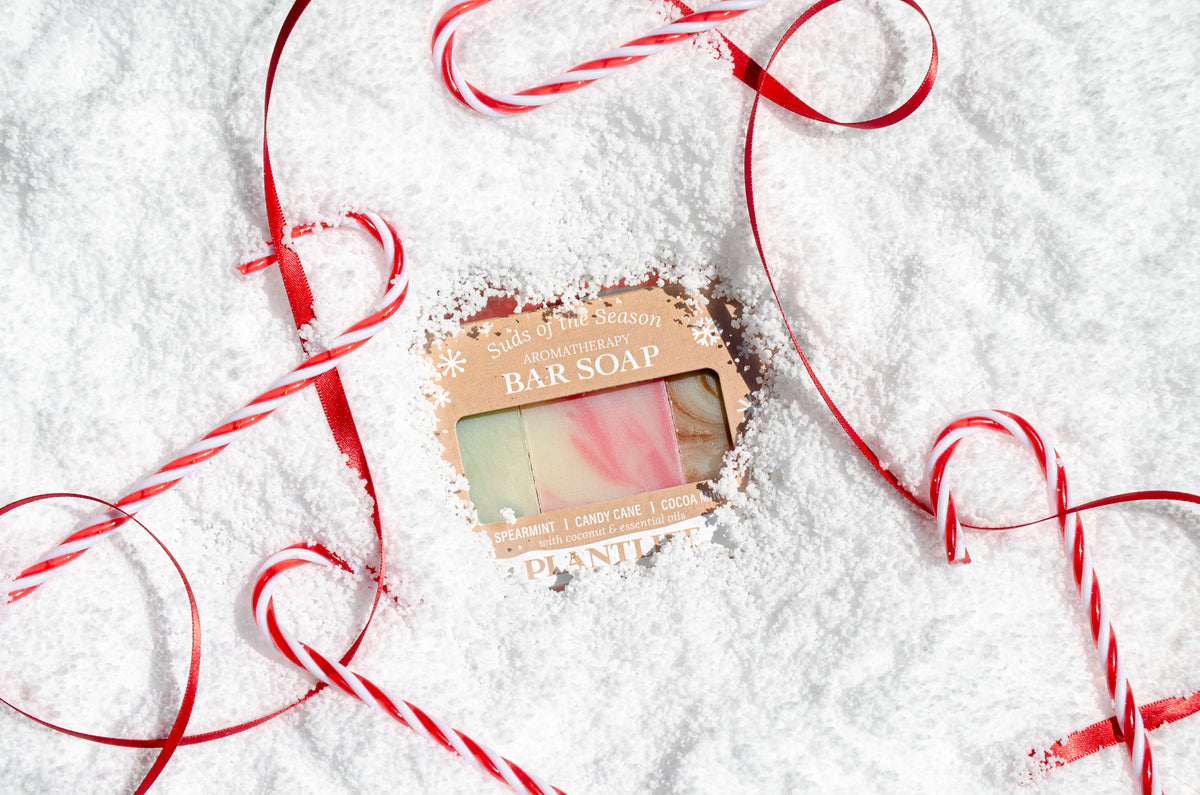 A packaged bar soap set placed on a white textured surface with red-and-white candy cane ribbons around it. The package reads Suds of the Season and 'Holiday Bar Soap,' with three visible soap bars in pastel green, pink, and peach tones.
