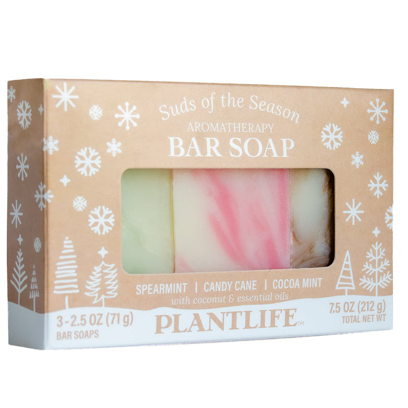 Plantlife Suds of the Season apothecary bar soap in a kraft paper box with a clear window showing three bar soaps: spearmint, candy cane, and cocoa mint.