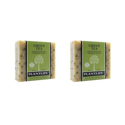 Two bars of Plantlife Green Tea soap on a white background