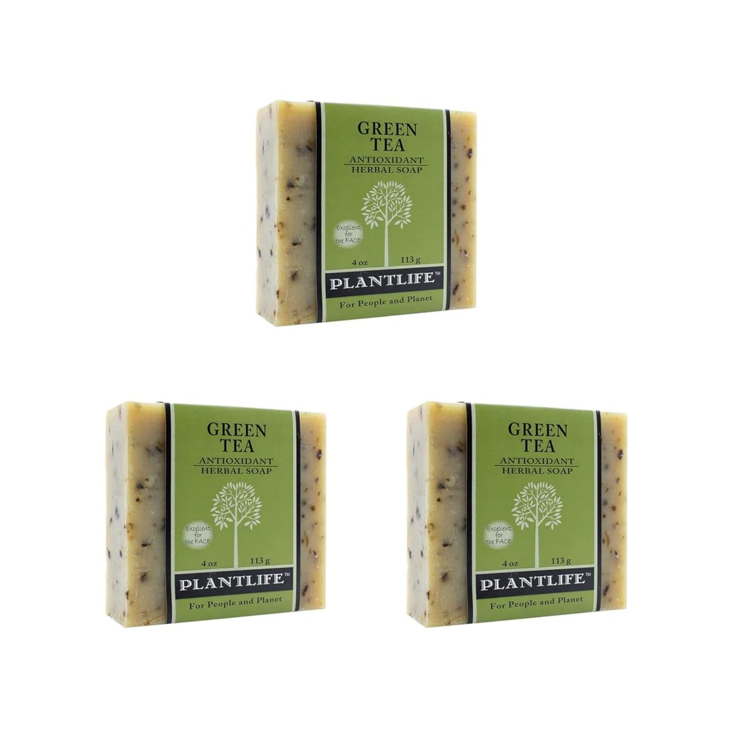 Three bars of Plantlife Green Tea soap on a white background