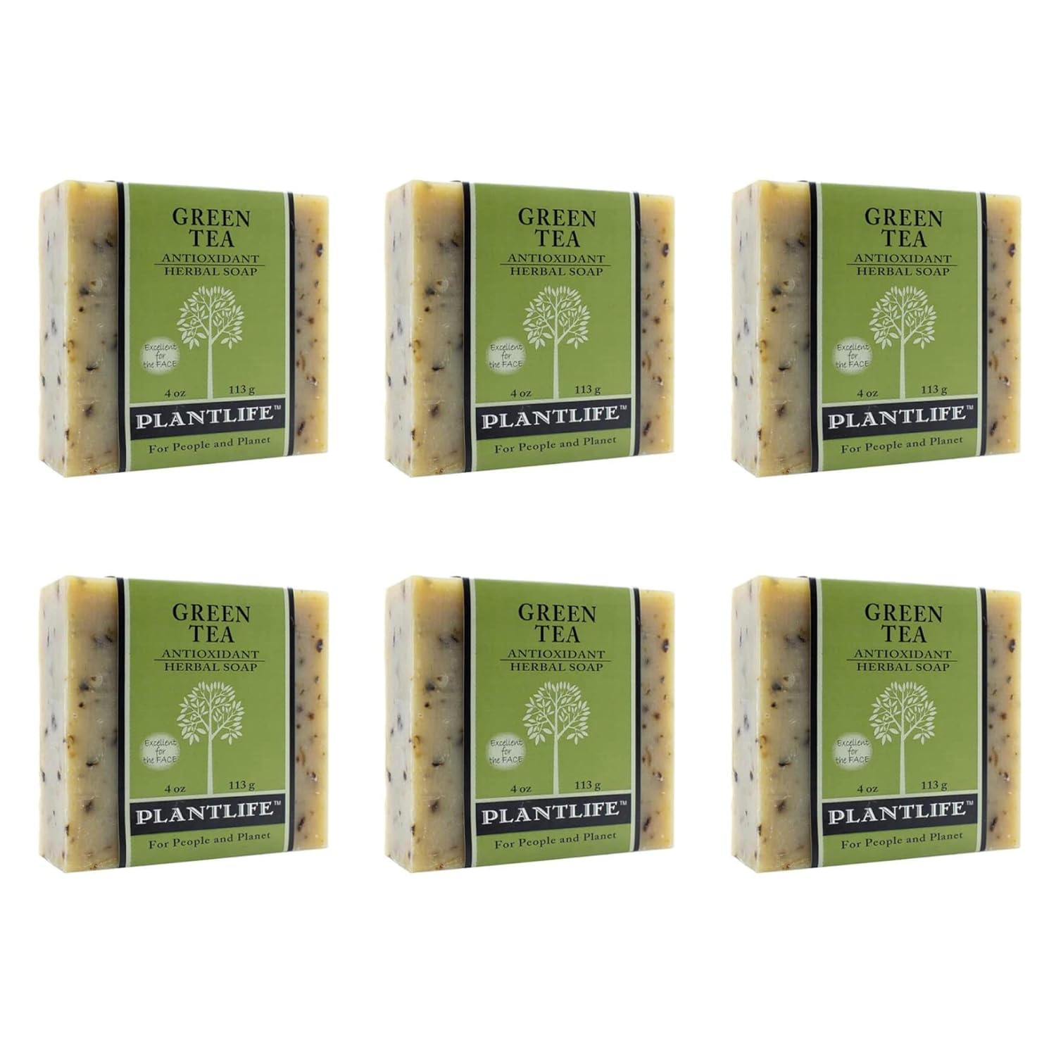 Six bars of Plantlife Green Tea soap arranged in two rows on a white background.