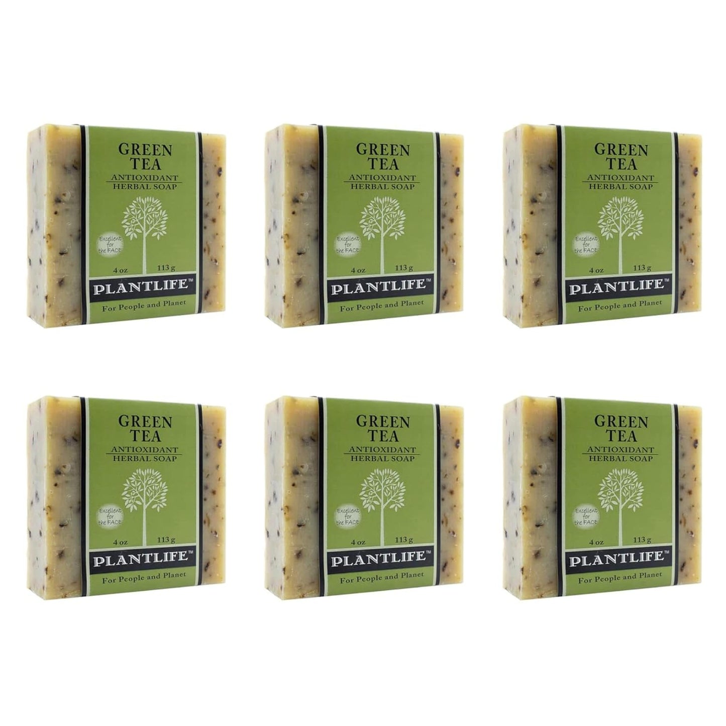 Six bars of Plantlife Green Tea soap arranged in two rows on a white background.