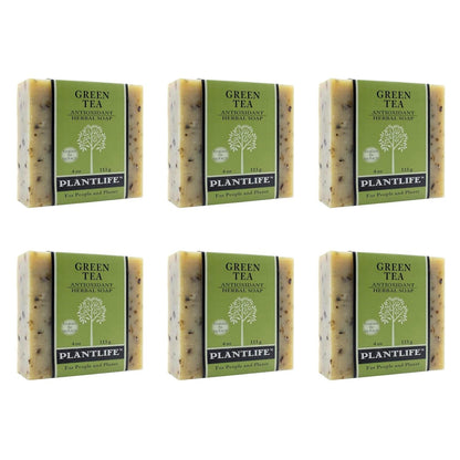 Six bars of Plantlife Green Tea soap arranged in two rows on a white background.