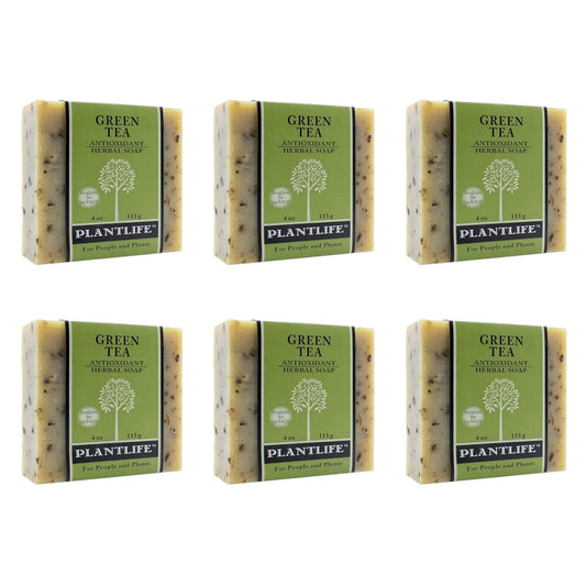 Six bars of Plantlife Green Tea soap arranged in two rows on a white background.