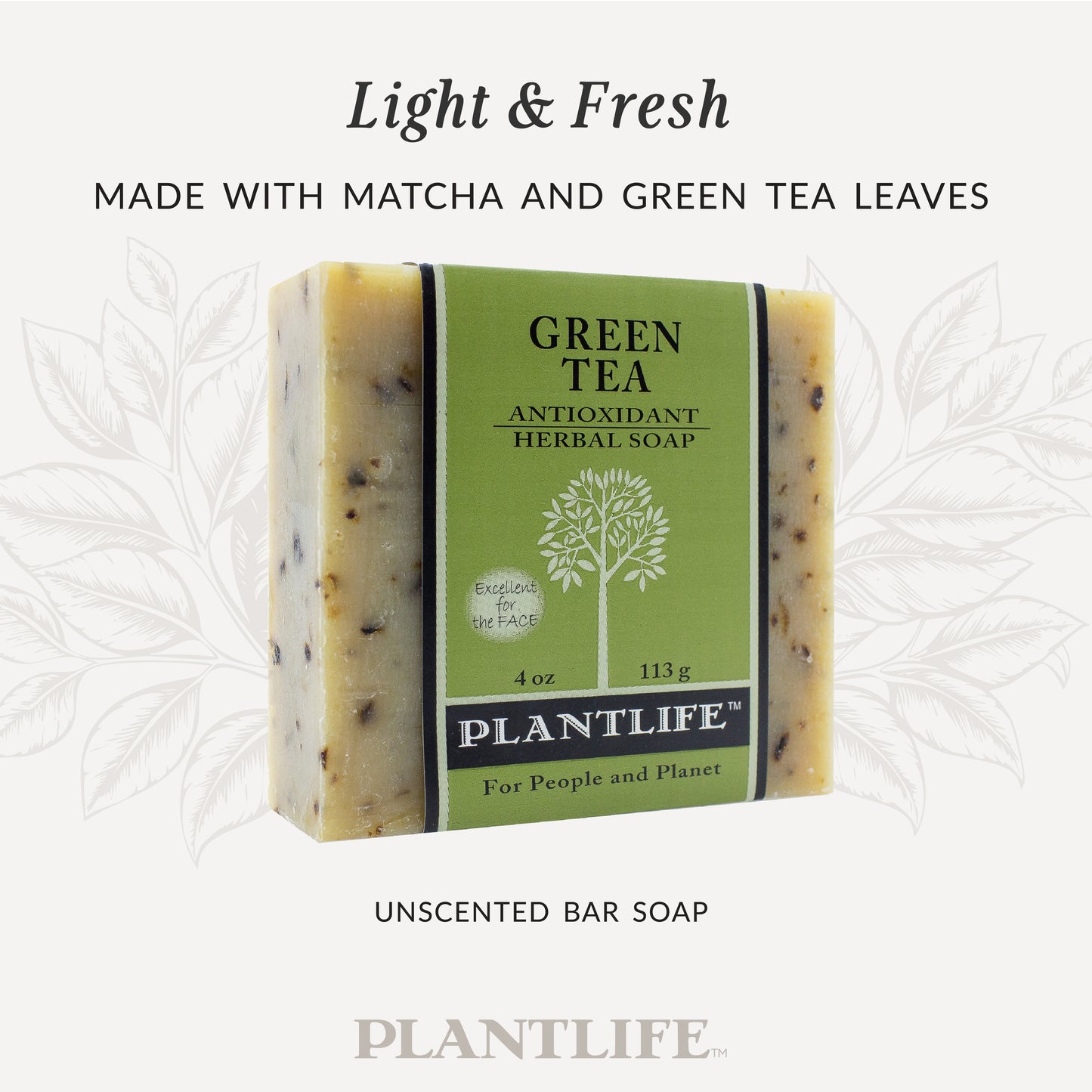 Plantlife Green Tea Antioxidant Herbal Soap bar with matcha and green tea leaves. Text reads “Light & Fresh – Made with matcha and green tea leaves.” Unscented bar soap with a gentle, plant-based formula ideal for face and body. Naturally cleansing and mildly exfoliating, made with pure essential oils.