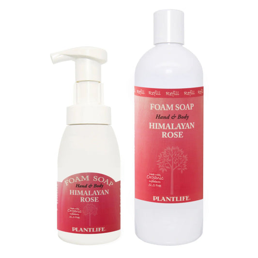 Two bottles of Plantlife Foam Soap with Himalayan Rose scent on a white background
