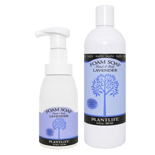 Two bottles of Plantlife Foam Soap, one with a pump and the other in a larger container, on a white background.