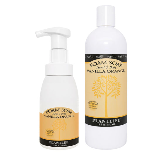 Two bottles of Plantlife Foam Soap, one with a pump and vanilla orange scent, on a white background.