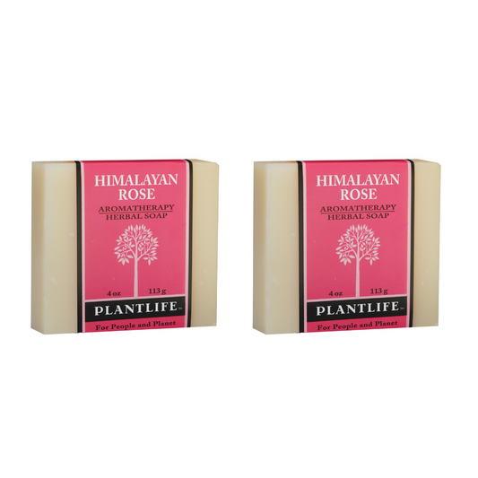 Two bars of Plantlife Himalayan Rose Aromatherapy Herbal Soap on a white background