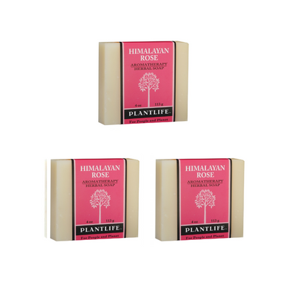Three bars of Plantlife Himalayan Rose soap on a white background