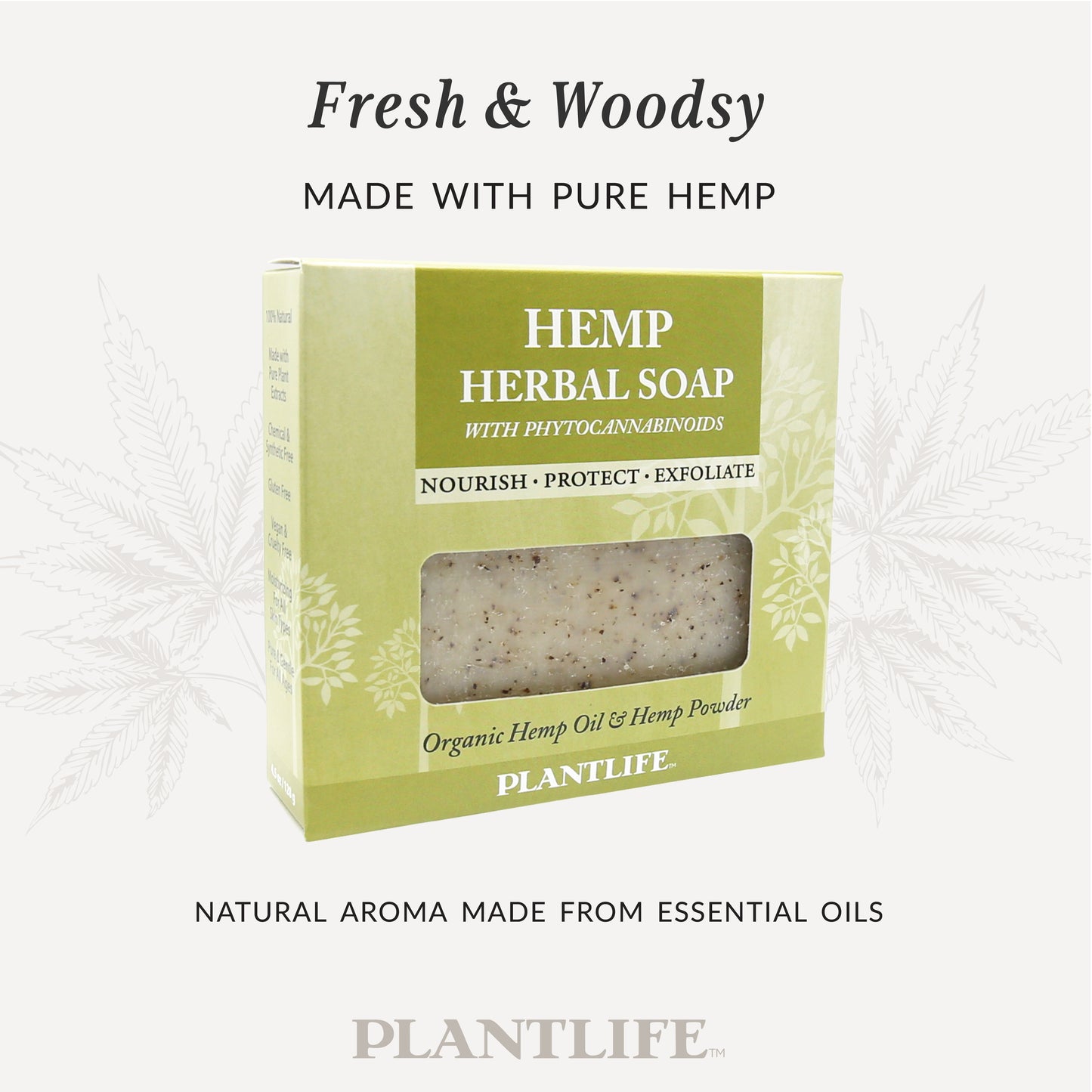Hemp Herbal Soap box labeled “Fresh & Woodsy – Made with Pure Hemp.” The packaging highlights organic hemp oil, hemp powder, and phytocannabinoids with benefits to nourish, protect, and exfoliate. Natural plant-based soap with essential oils for gentle cleansing and hydration.
