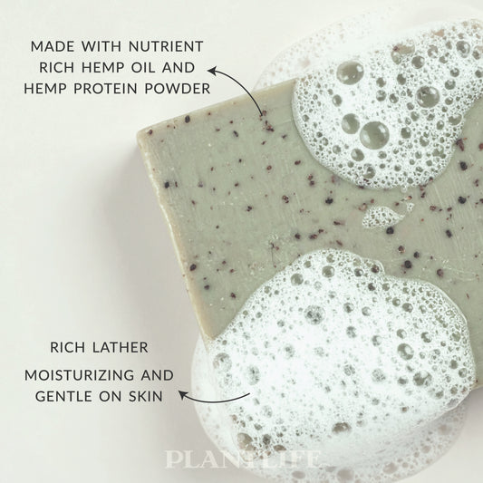 Plantlife Hemp Soap bar with visible hemp seeds and rich lather bubbles. Text reads “Made with nutrient-rich hemp oil and hemp protein powder” and “Rich lather moisturizing and gentle on skin.” Natural plant-based soap crafted to cleanse and condition with nourishing essential oils.