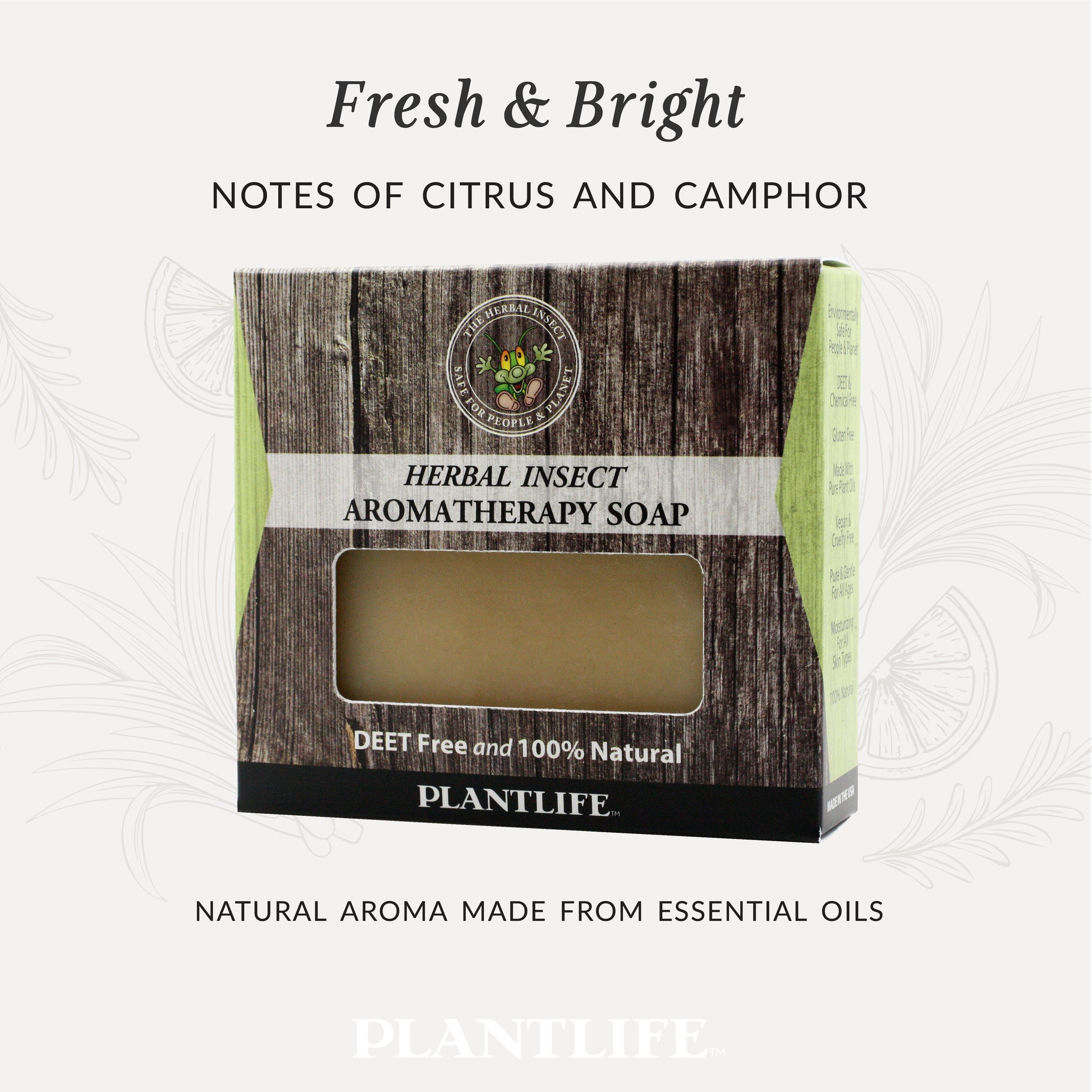 Box of Plantlife herbal insect aromatherapy soap with wooden design and natural product details.