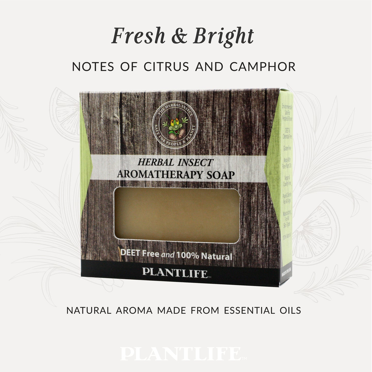 Box of Plantlife herbal insect aromatherapy soap with wooden design and natural product details.