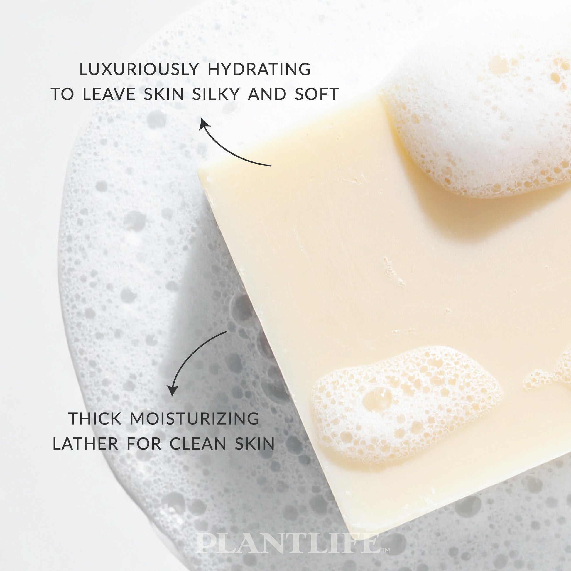 Plantlife Himalayan Rose Soap resting on bubbles, featuring creamy lather and pale pink tones. Text reads “Luxuriously hydrating to leave skin silky and soft” and “Thick moisturizing lather for clean skin.” Gentle, plant-based bar crafted with essential oils for a naturally soothing cleanse.