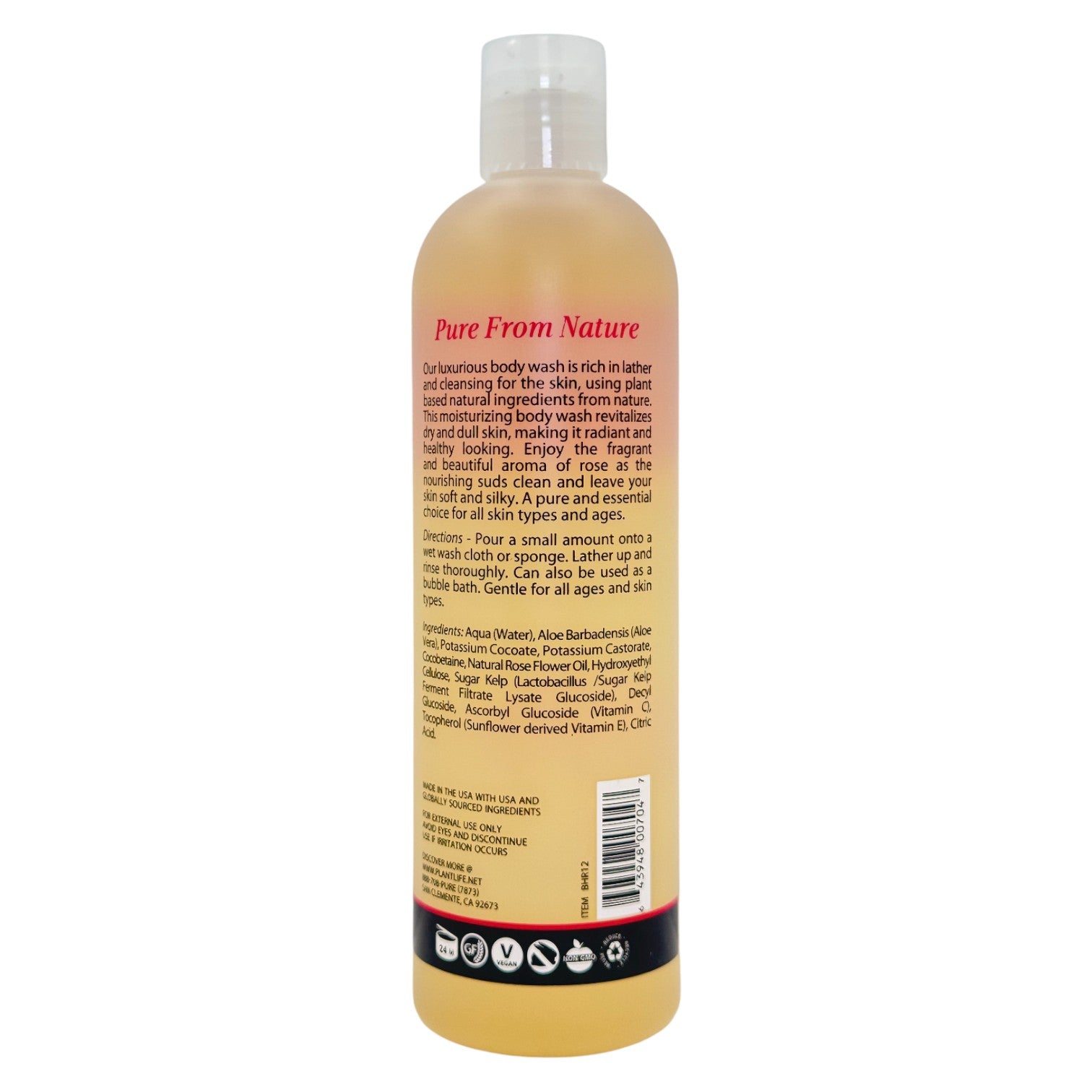 Bottle of body wash with a label on a white background