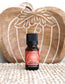 Bottle of Plantlife Pumpkin Spice essential oil blend with a decorative wooden pumpkin in the background.