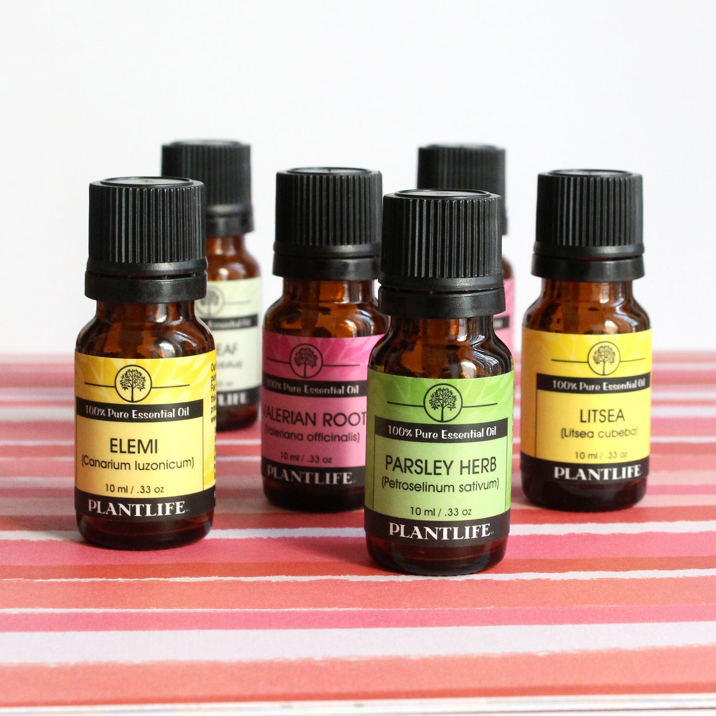 Plantlife Essential Oil Collection – 10ml Aromatherapy Bottles Displayed on Striped Surface for Natural Wellness and Botanical Self-Care