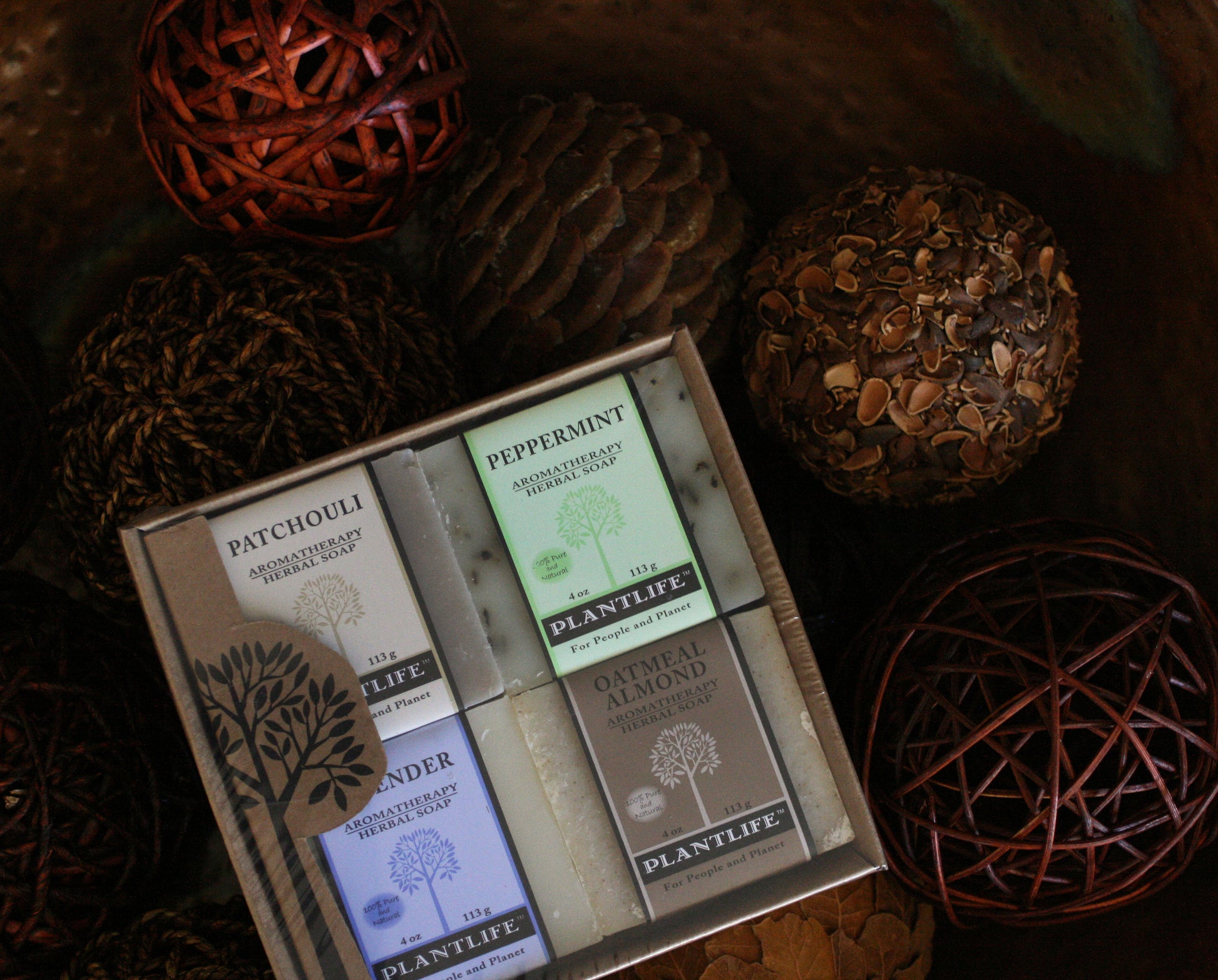 Box of Plantlife soap bars with decorative elements on a dark background
