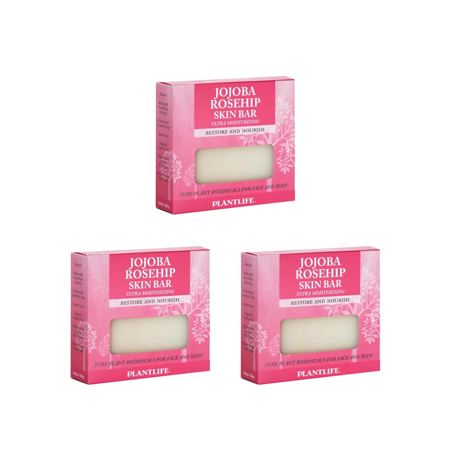 Three packages of Jojoba Rosehip Skin Bar by Plantlife on a white background