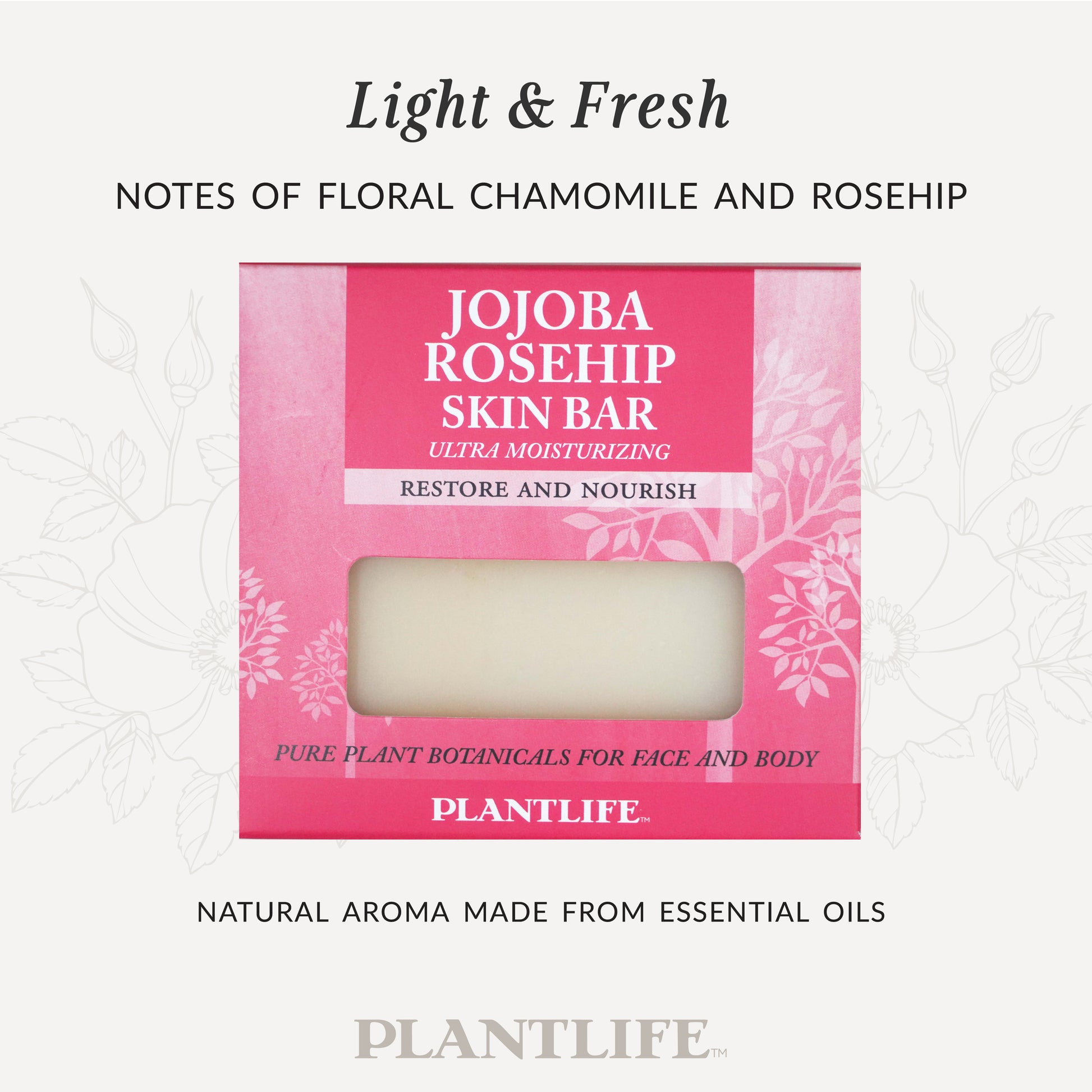 Jojoba Rosehip Skin Bar packaging with pink label on a light background