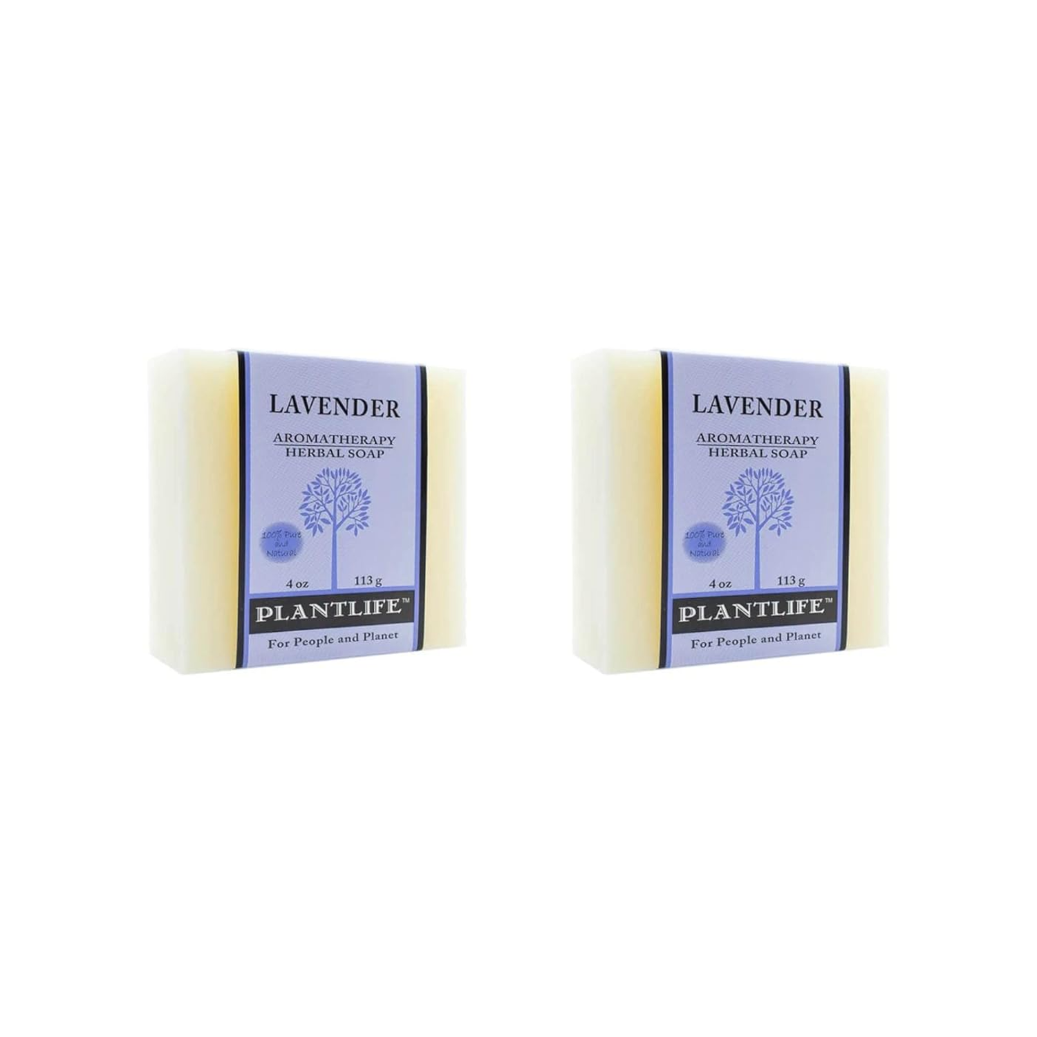 Two bars of lavender soap with Plantlife packaging on a white background
