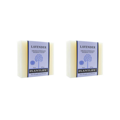 Two bars of lavender soap with Plantlife packaging on a white background