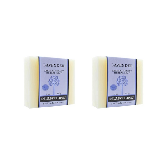 Two bars of lavender soap with Plantlife packaging on a white background