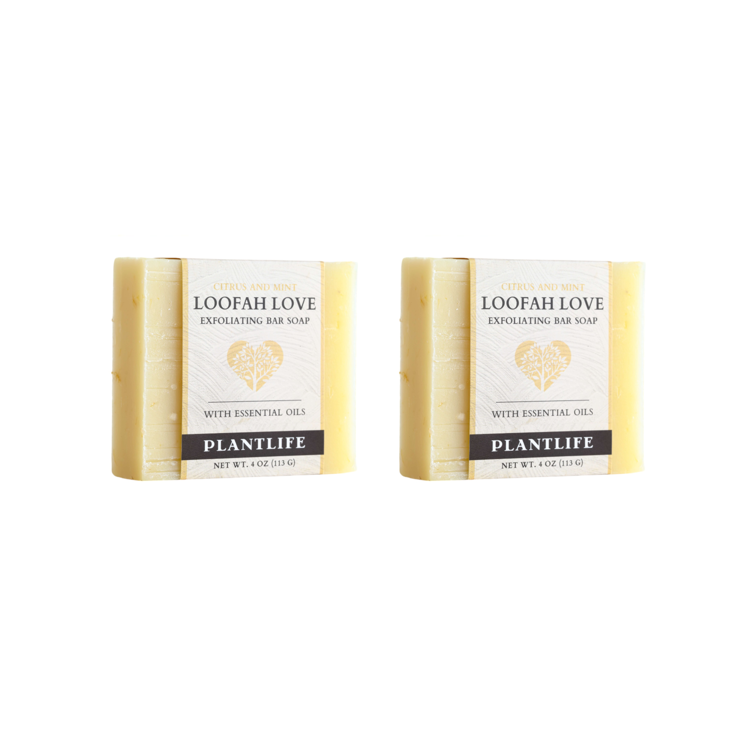 Two Loofah Love exfoliating bar soaps with Plantlife branding on a white background.