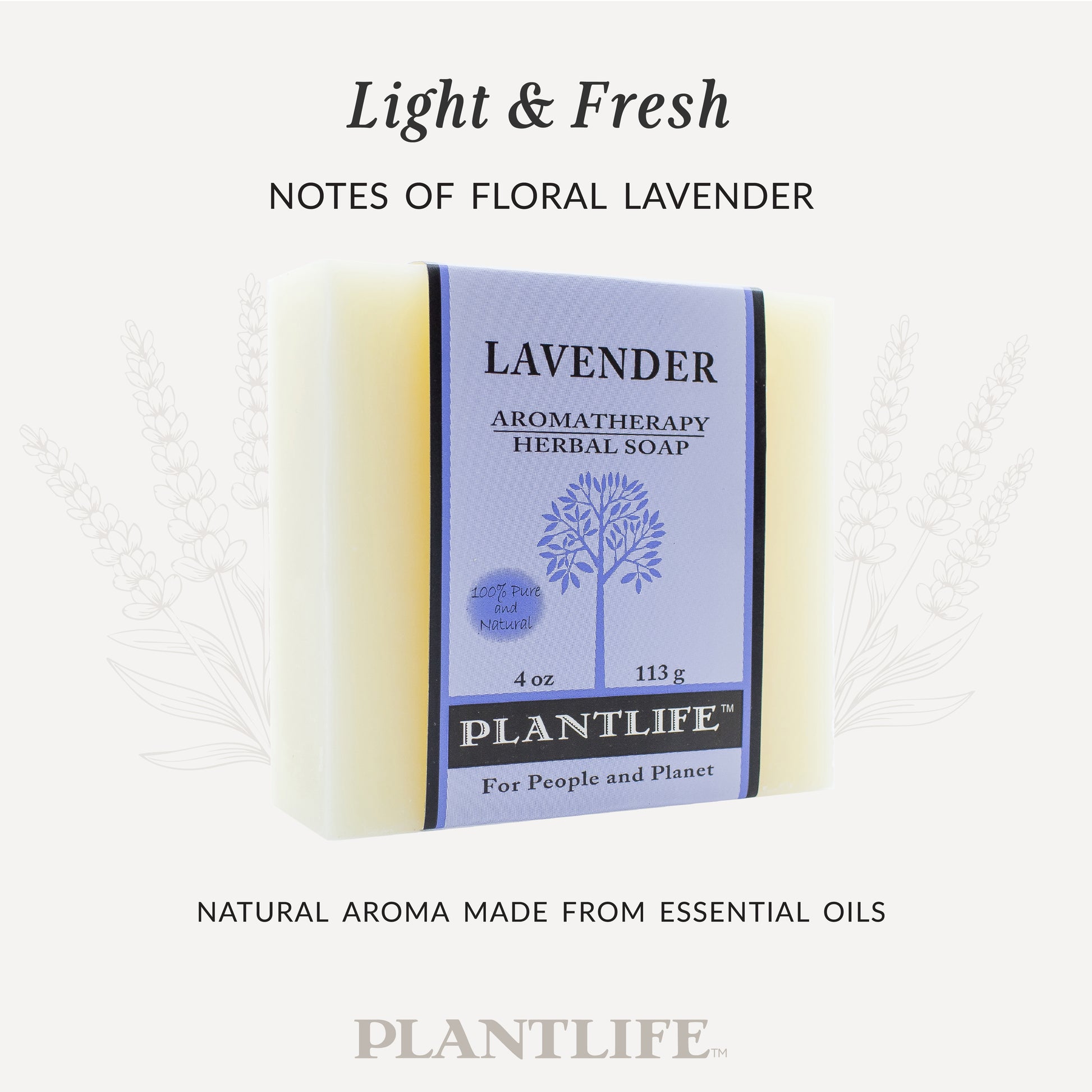 Bar of lavender soap with Plantlife packaging on a light background