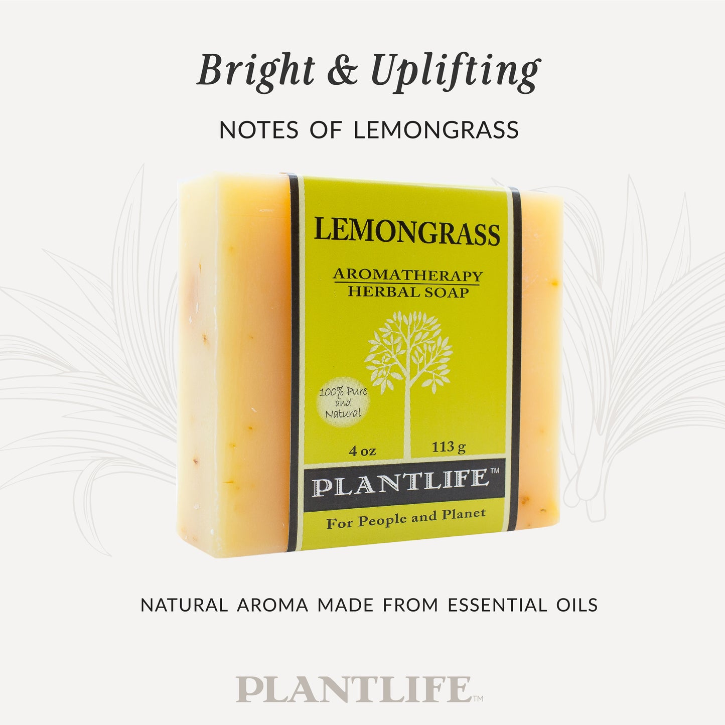 Plantlife Lemongrass Aromatherapy Herbal Soap in bright green packaging with a light yellow bar. Text reads “Bright & Uplifting – Notes of lemongrass” and “Natural aroma made from essential oils.” Energizing citrus soap handcrafted with pure lemongrass essential oil to refresh and revive the senses.
