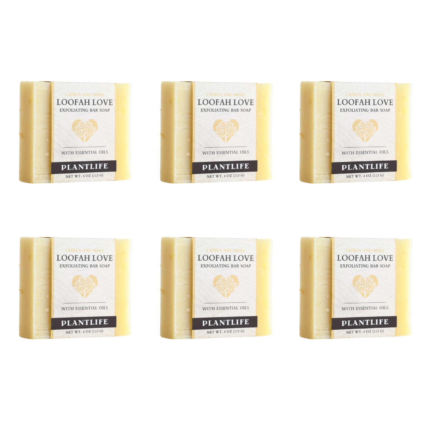 Six bars of Plantlife Loofah Love Exfoliating Bar Soap on a white background