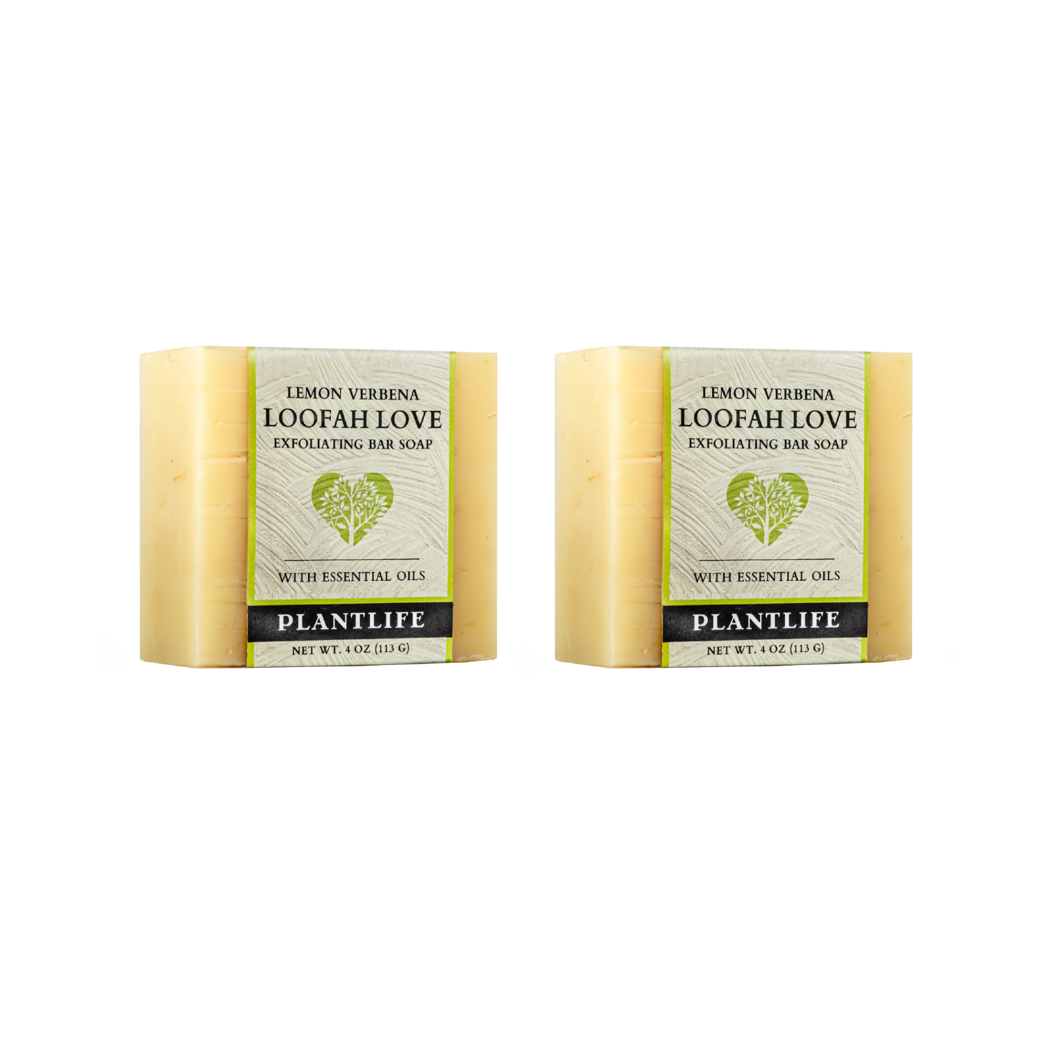 Two bars of Plantlife Lemon Verbena Loofah Love Exfoliating Bar Soap on a white background