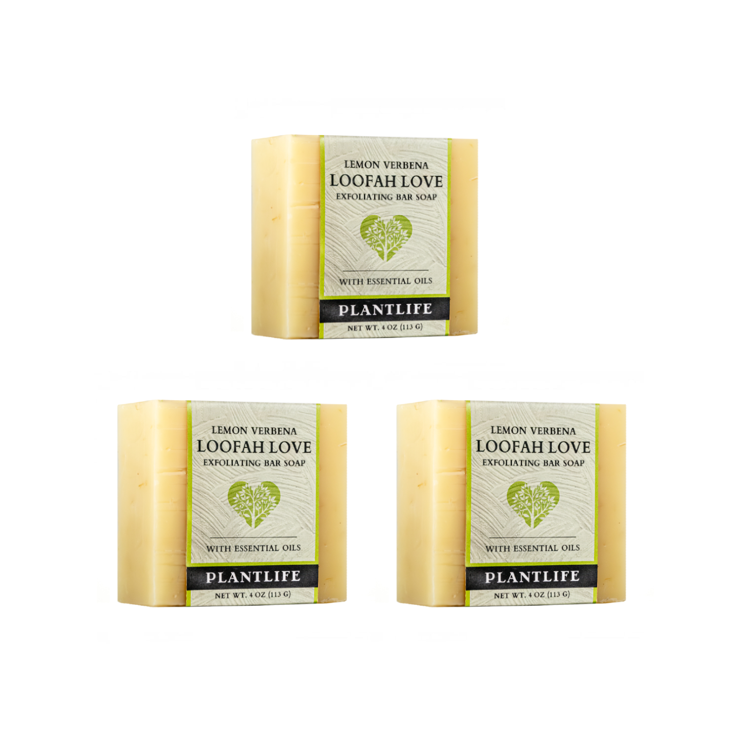 Three bars of Plantlife Loofah Love soap on a white background