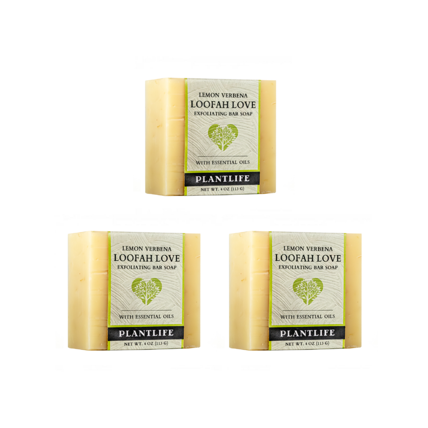 Three bars of Plantlife Loofah Love soap on a white background
