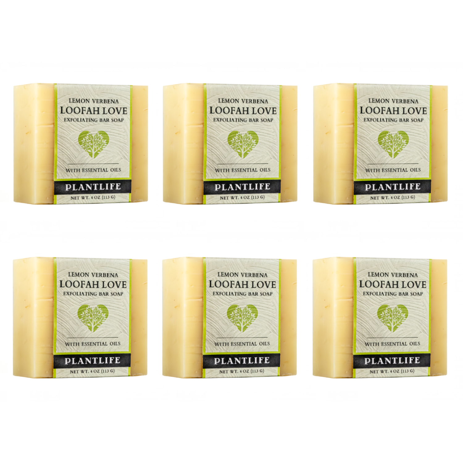 Six bars of Plantlife Lemon Verbena Loofah Love soap on a white background