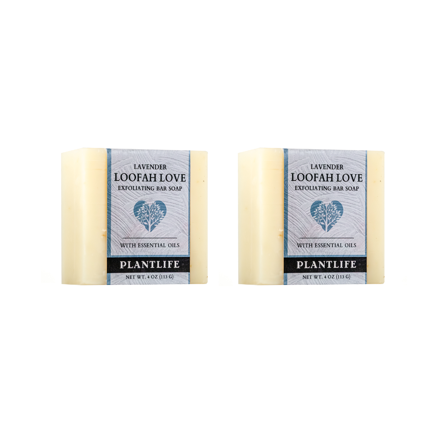 Two bars of Plantlife Lavender Loofah Love Exfoliating Bar Soap on a white background