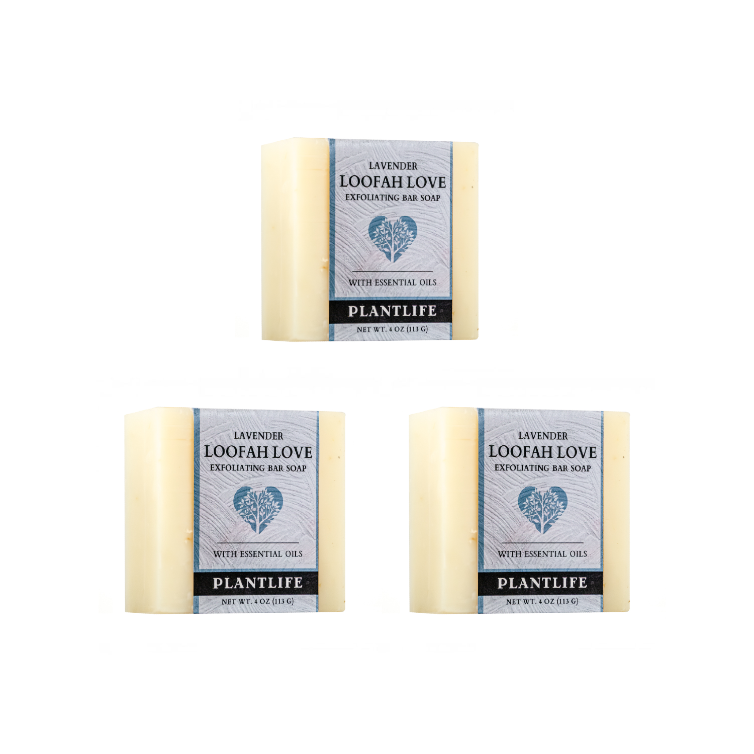 Three bars of Plantlife Lavender Loofah Love soap on a white background