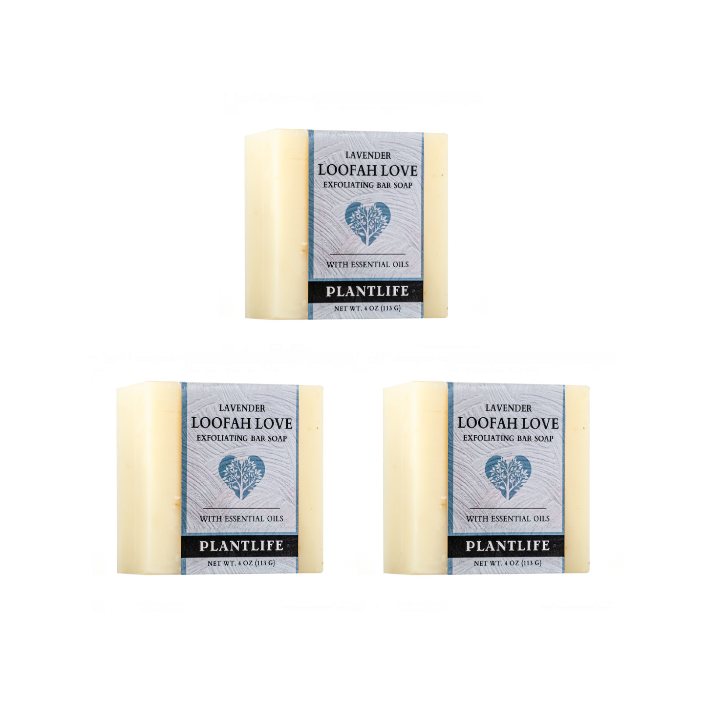 Three bars of Plantlife Lavender Loofah Love soap on a white background