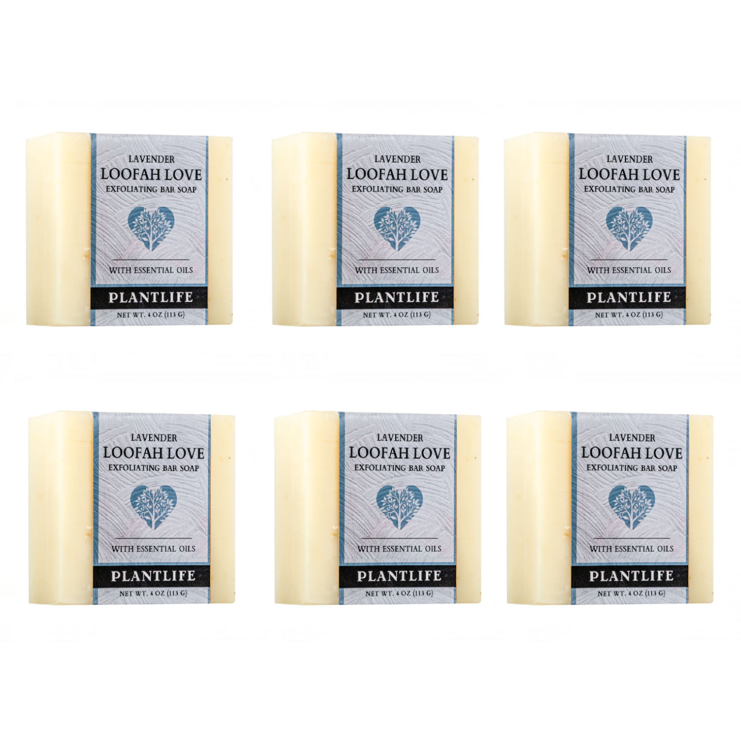 Six bars of Plantlife Lavender Loofah Love soap on a white background