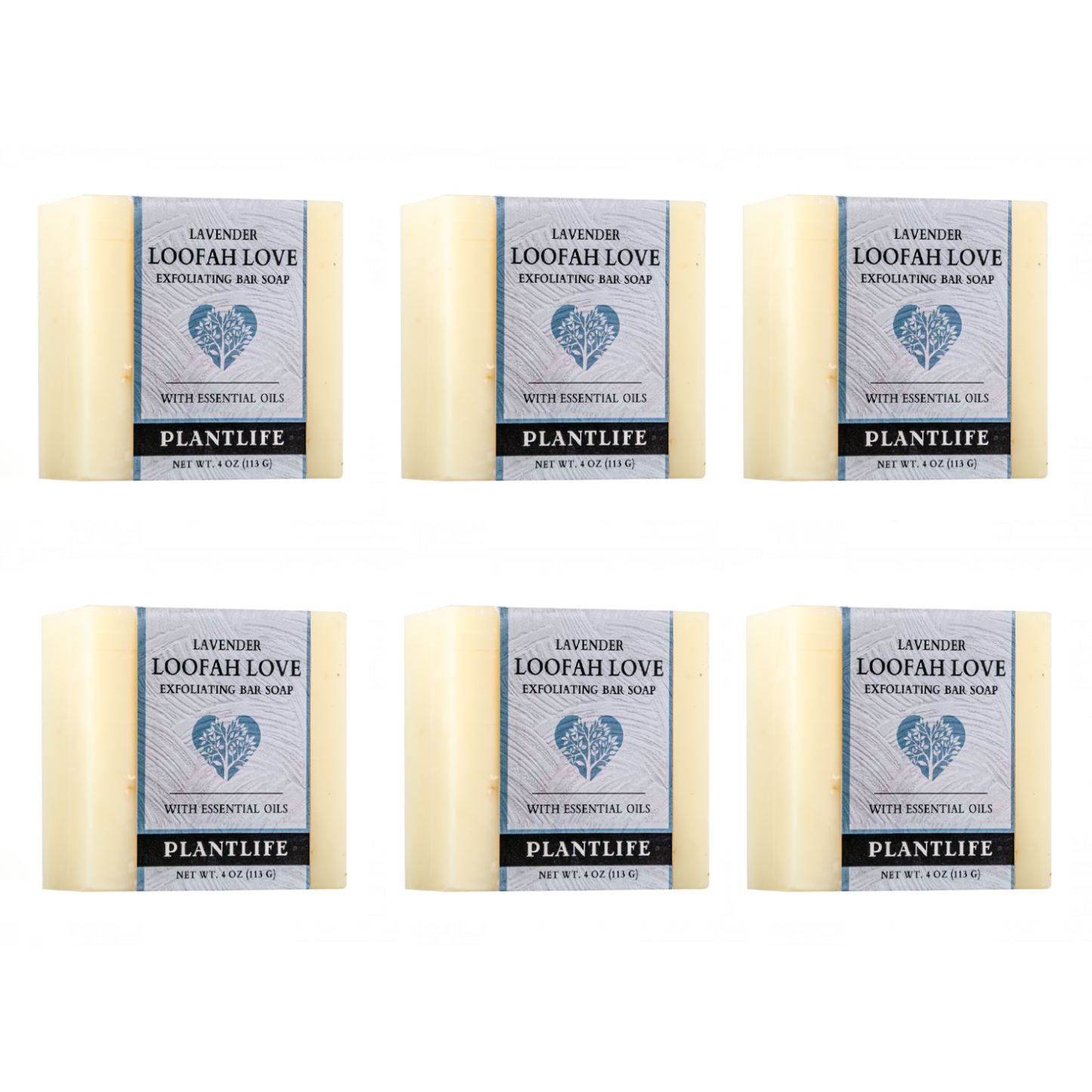 Six bars of Plantlife Lavender Loofah Love soap on a white background