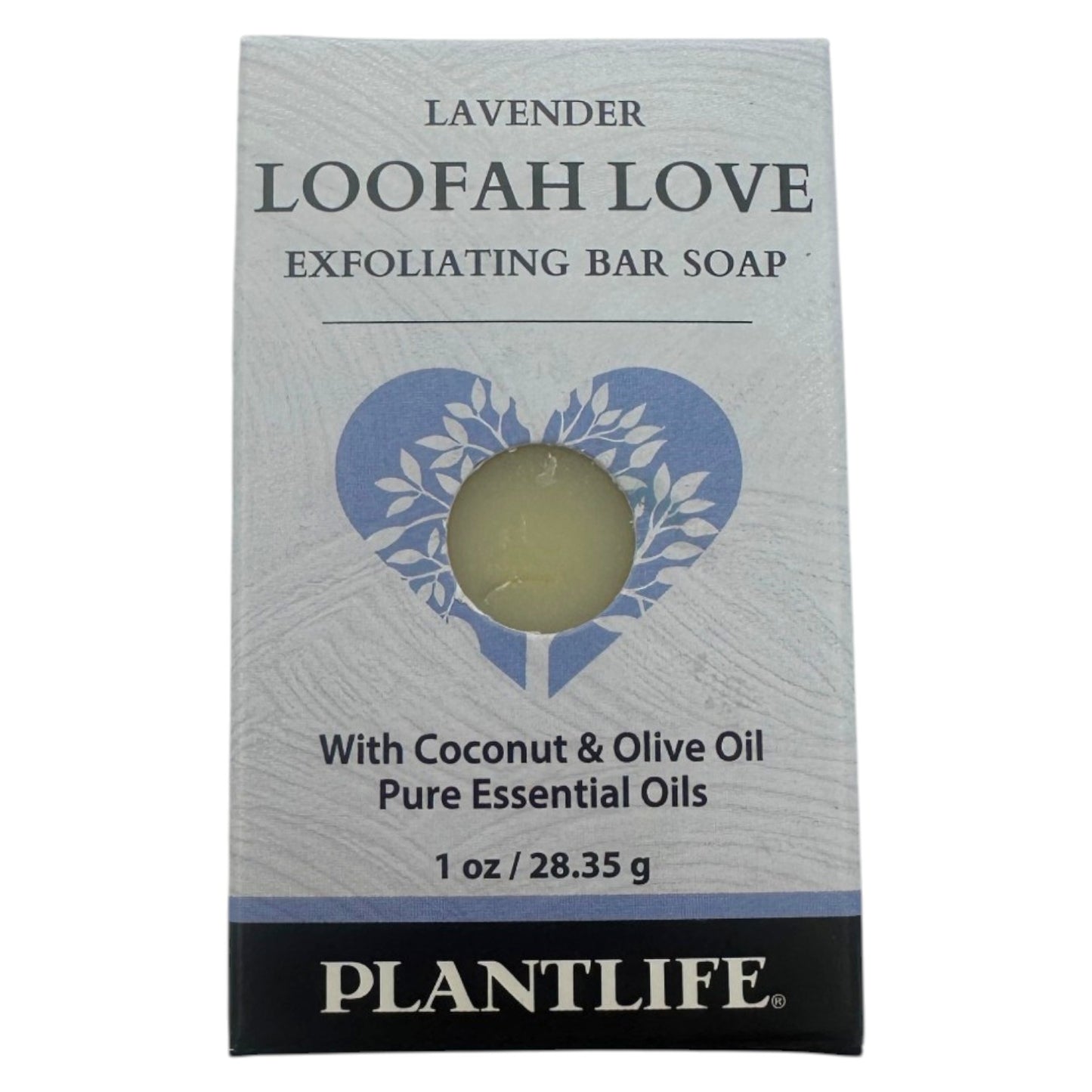 Plantlife Lavender Loofah Love Exfoliating Bar Soap 1 oz with coconut oil, olive oil, and pure essential oils for travel size skincare.