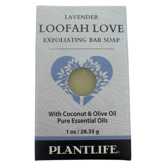 Plantlife Lavender Loofah Love Exfoliating Bar Soap 1 oz with coconut oil, olive oil, and pure essential oils for travel size skincare.