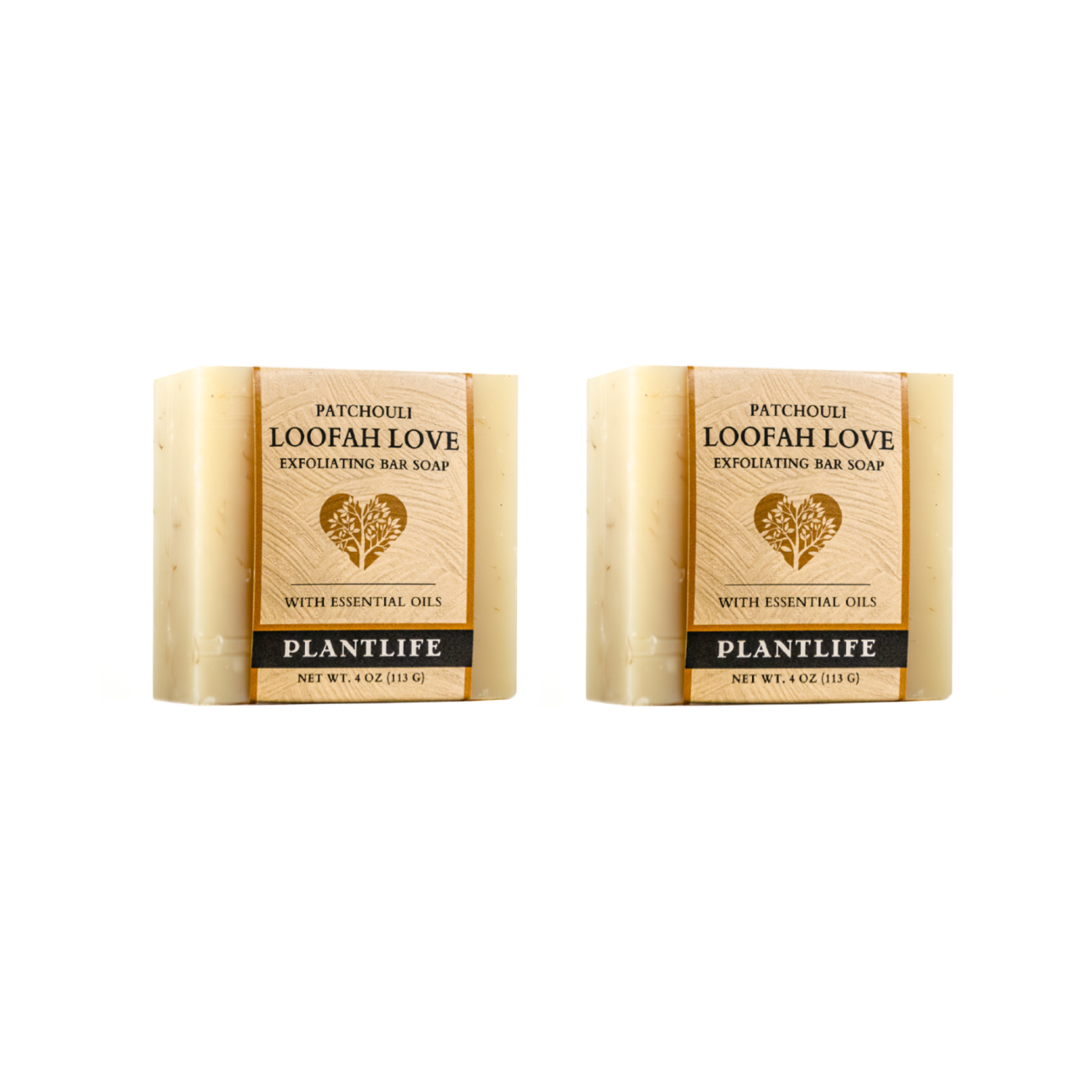 Two bars of Plantlife Patchouli Loofah Love Exfoliating Bar Soap on a white background