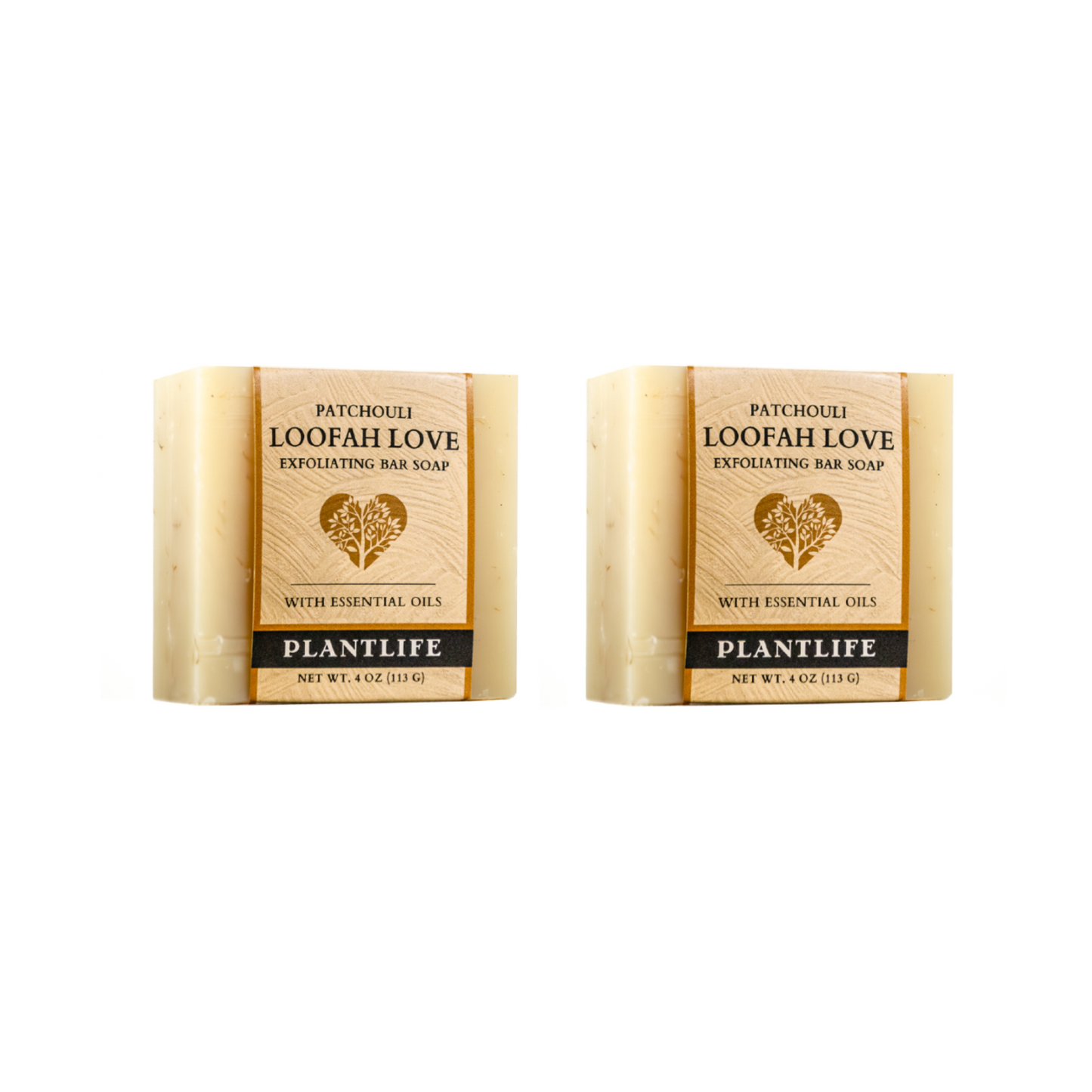 Two bars of Plantlife Patchouli Loofah Love Exfoliating Bar Soap on a white background