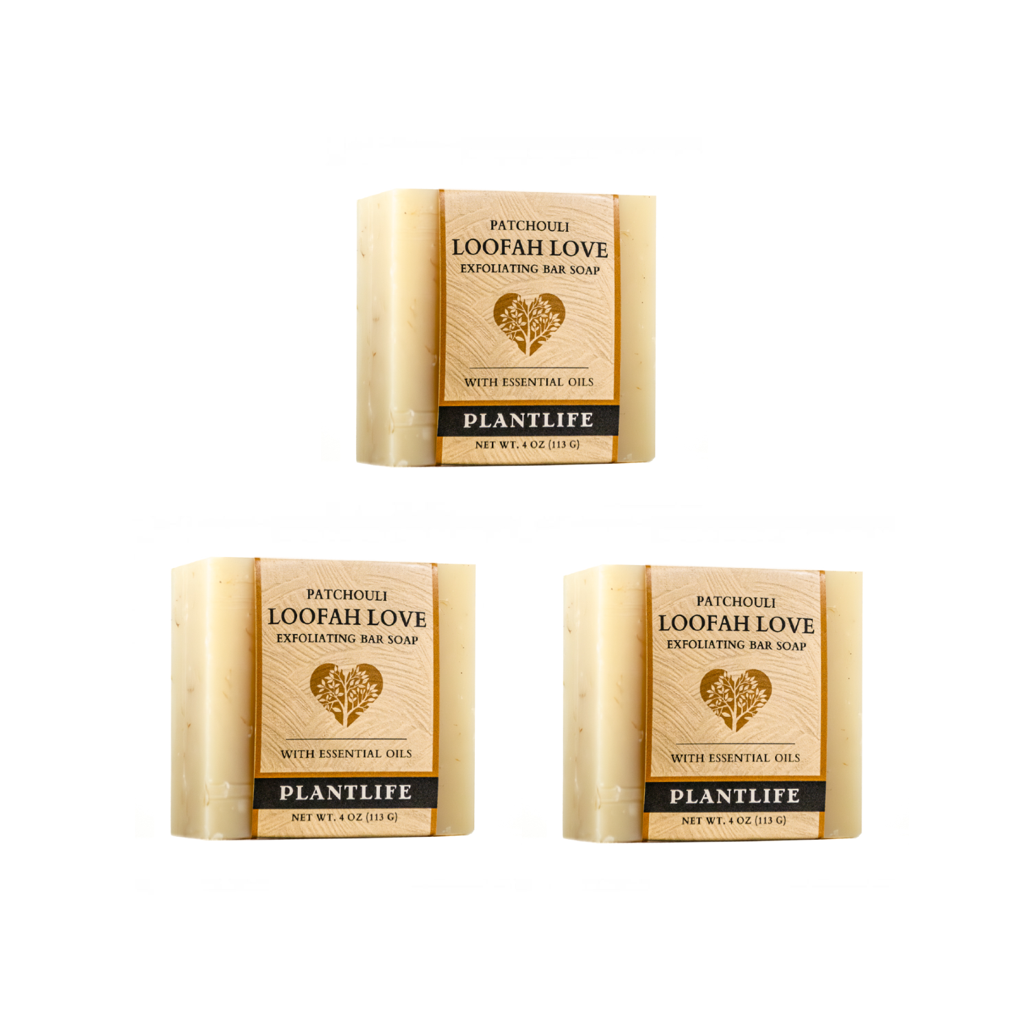 Three bars of Patchouli Loofah Love Exfoliating Bar Soap by Plantlife on a white background