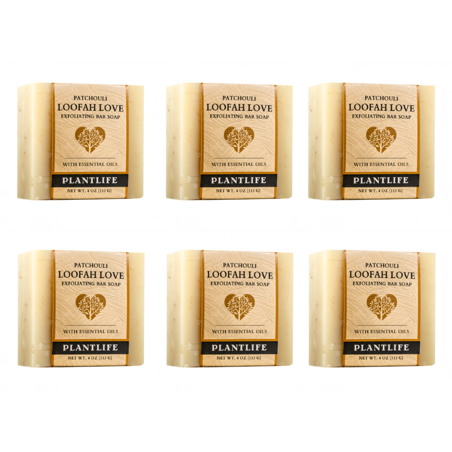 Six bars of Plantlife Patchouli Loofah Love Exfoliating Bar Soap on a white background