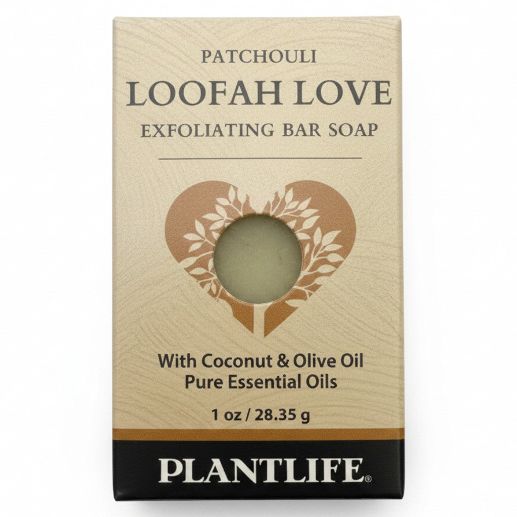 Plantlife Patchouli Loofah Love Exfoliating Bar Soap 1 oz with coconut oil, olive oil, and pure essential oils.