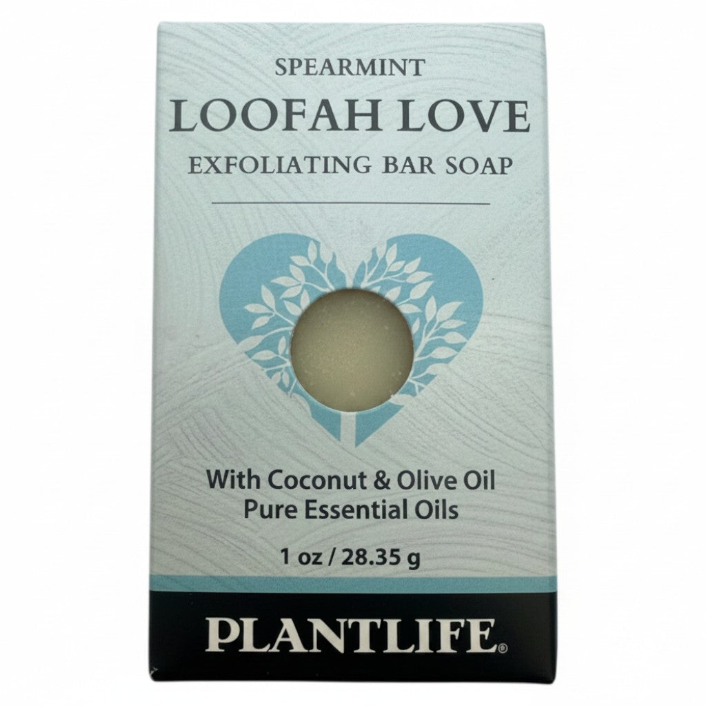 Plantlife Spearmint Loofah Love Exfoliating Bar Soap 1 oz with coconut oil, olive oil, and pure essential oils.